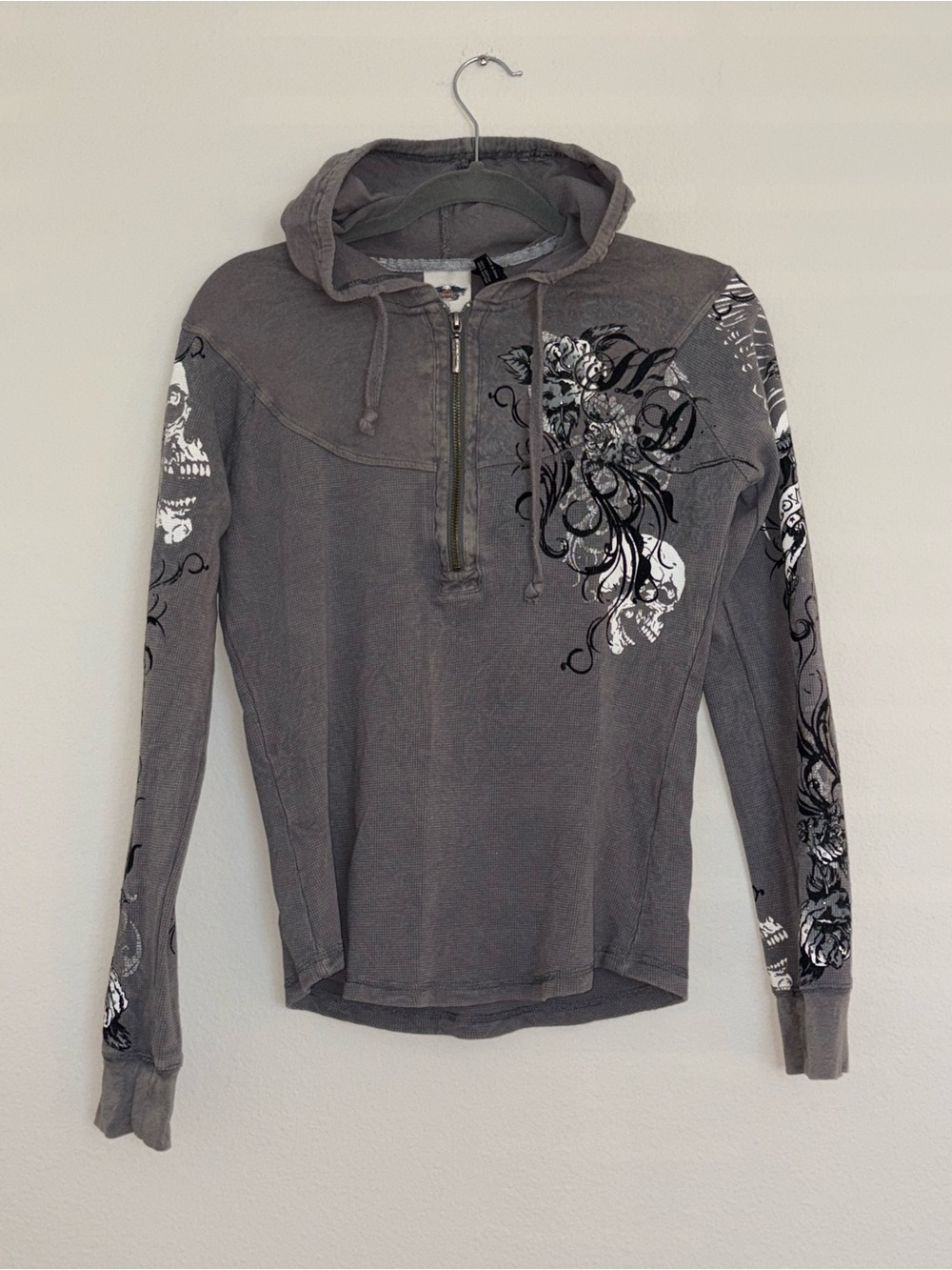 Women’s Harley Davidson Gray Half Zip Hooded Top Size Medium
